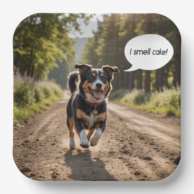 Happy Hund riecht nach Geburtstagskuchen Pappteller (Vorderseite)