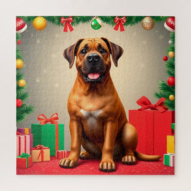 Happy Hund sitzen mit Weihnachtsgeschenken Puzzle (Vertikal)