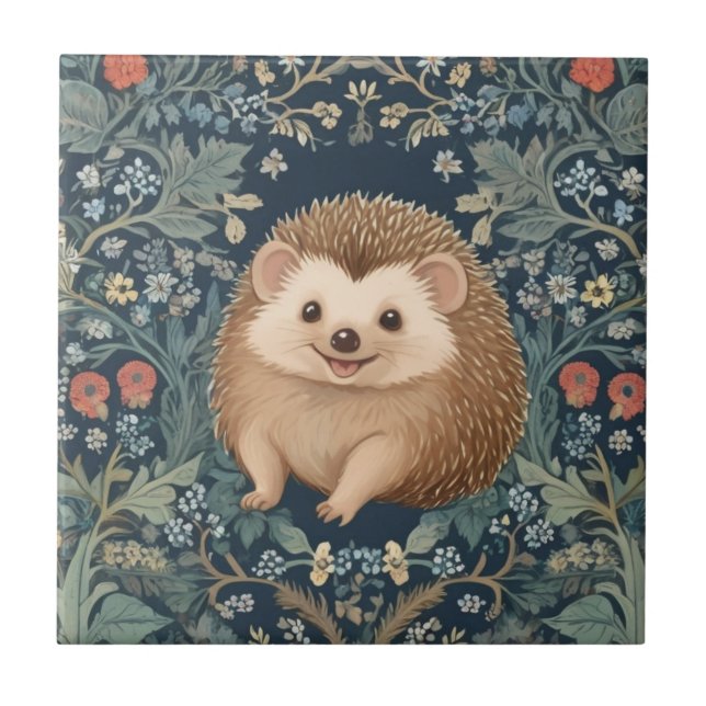 Happy Igel William Morris Style Floral Fliese (Vorderseite)