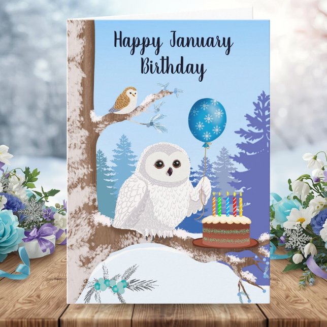 Happy January Birthday Snowy Owl with Cake Karte (Von Creator hochgeladen)