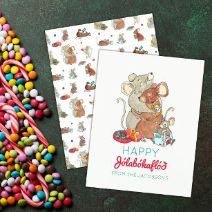 Happy Jolabokaflod Mouse Family Feiertagskarte