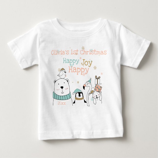 Happy Joy Niedlicher Tiere 1. Weihnachten Baby T-shirt (Vorderseite)