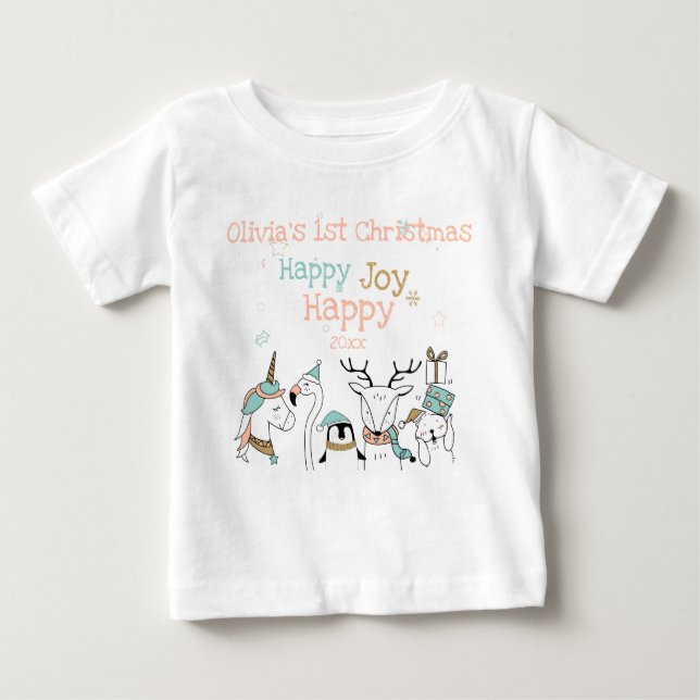 Happy Joy Niedlicher Tiere Baby's 1. Weihnachten Baby T-shirt (Vorderseite)