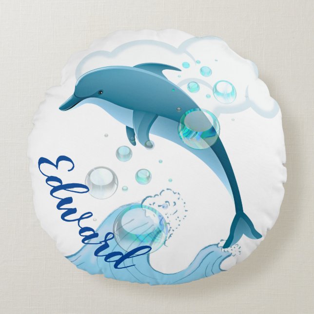 Happy Jumping Dolphin mit Blasen Rundes Kissen (Vorderseite)