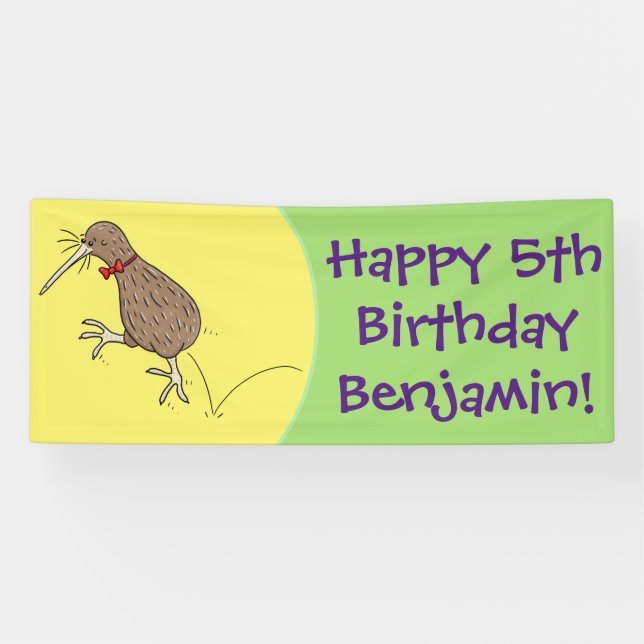 Happy Jumping Kiwi mit Bug-Krawatte Cartoon Design Banner (Horizontal)