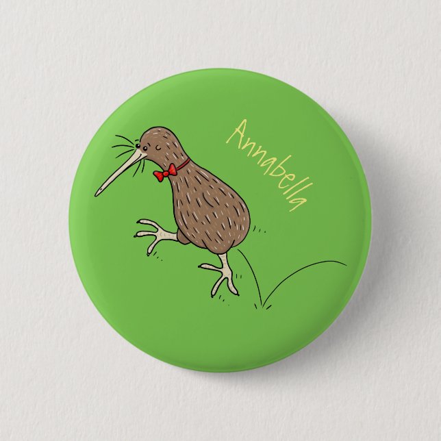 Happy Jumping Kiwi mit Bug-Krawatte Cartoon Design Button (Vorderseite)