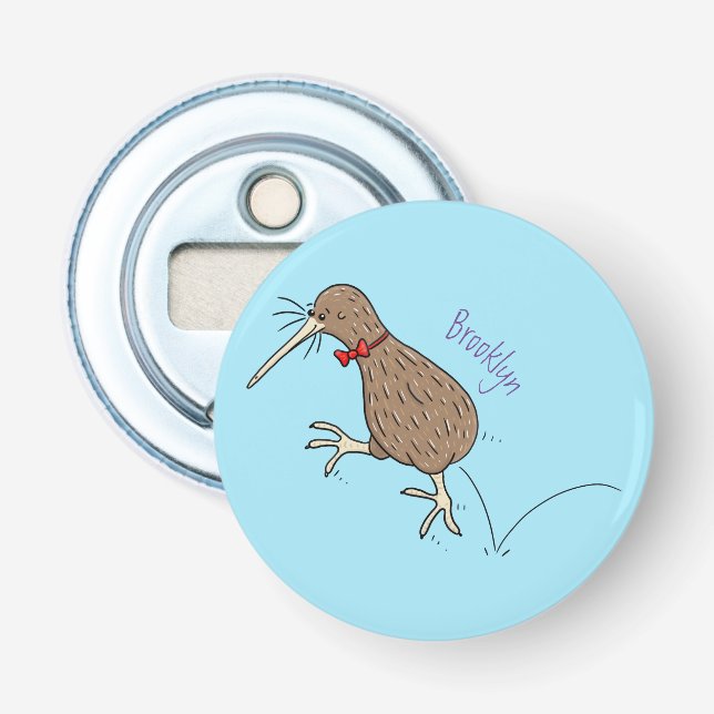 Happy Jumping Kiwi mit Bug-Krawatte Cartoon Design Flaschenöffner (Vorderseite)