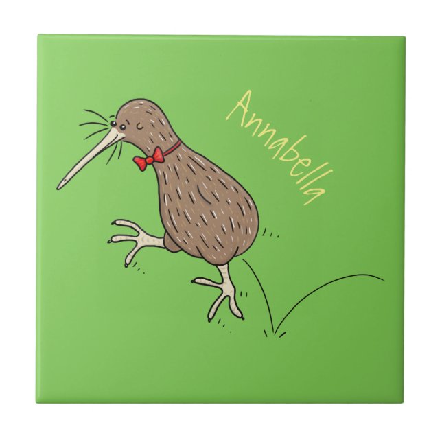 Happy Jumping Kiwi mit Bug-Krawatte Cartoon Design Fliese (Vorderseite)