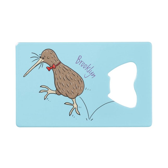 Happy Jumping Kiwi mit Bug-Krawatte Cartoon Design Geldbeutel Flaschenöffner (Vorderseite (Horizontal))
