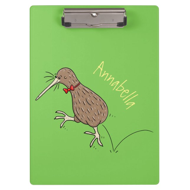 Happy Jumping Kiwi mit Bug-Krawatte Cartoon Design Klemmbrett (Vorderseite)