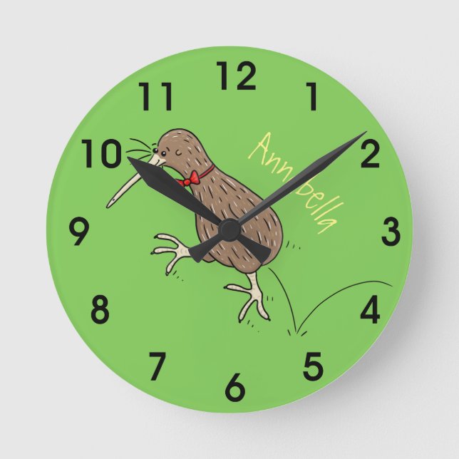 Happy Jumping Kiwi mit Bug-Krawatte Cartoon Design Runde Wanduhr (Vorderseite)