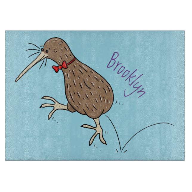 Happy Jumping Kiwi mit Bug-Krawatte Cartoon Design Schneidebrett (Vorderseite)
