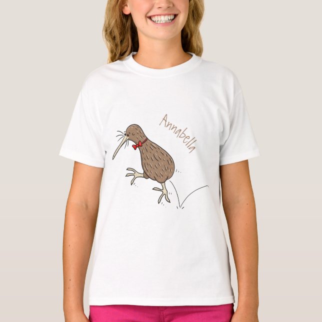 Happy Jumping Kiwi mit Bug-Krawatte Cartoon Design T-Shirt (Vorderseite)
