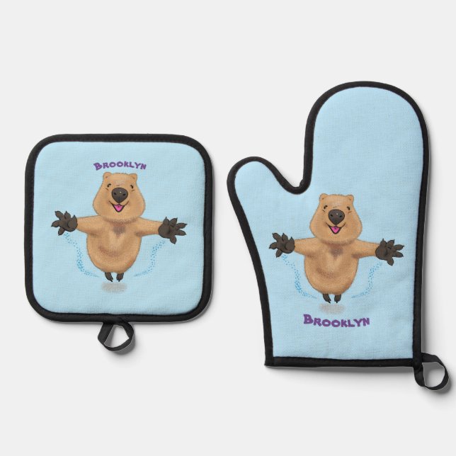 Happy Jumping Quokka Cartoon Design Ofenhandschuh & Topflappen-Set (Vorderseite)