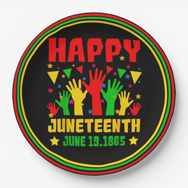 Happy Juneteenth Black Red Green Yellow Hands Pappteller (Vorderseite)