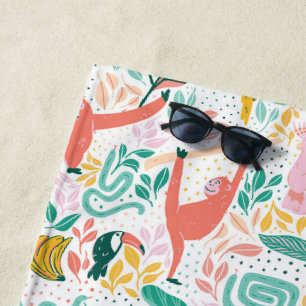 Happy Jungle Animal Pattern Tropical Blätter Strandtuch