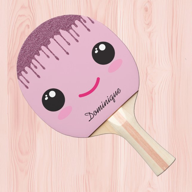 Happy Kawaii Face Faux Glitter Customizable Name  Tischtennis Schläger (Von Creator hochgeladen)