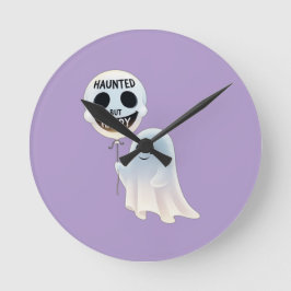 Happy Kawaii Ghost with Skull Balloon Runde Wanduhr