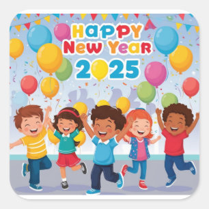 Happy Kids Dancing for New Year 2025 🎉 Quadratischer Aufkleber