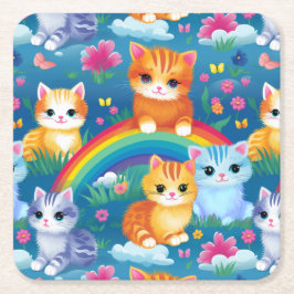Happy Kitty Cats auf Regenbogenwolken Rechteckiger Pappuntersetzer