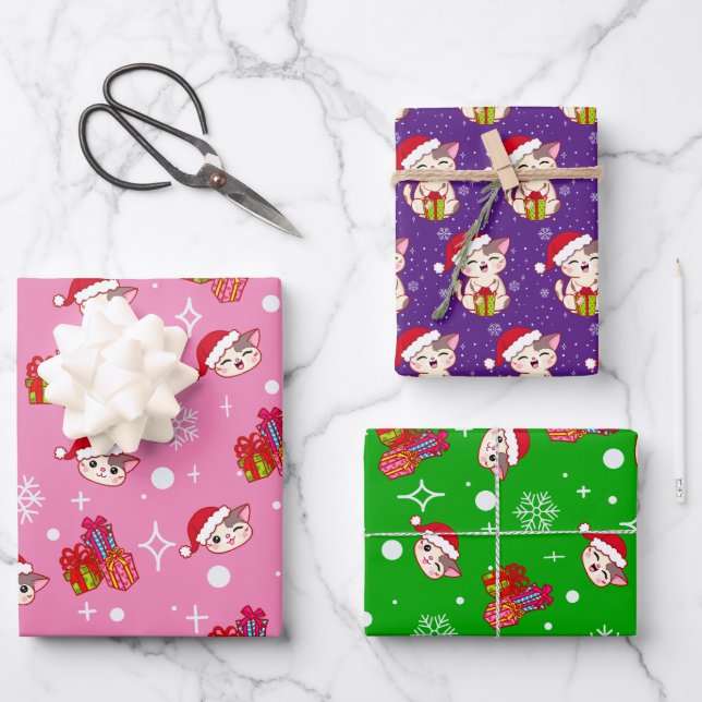 Happy Kitty Christmas Wrapping Paper Set von 3 Geschenkpapier Set (Vorderseite)