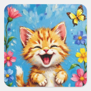 Happy Kitty Garden Quadratischer Aufkleber