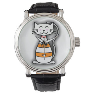 Happy Kitty Vintag Lederband Schwarz Armbanduhr