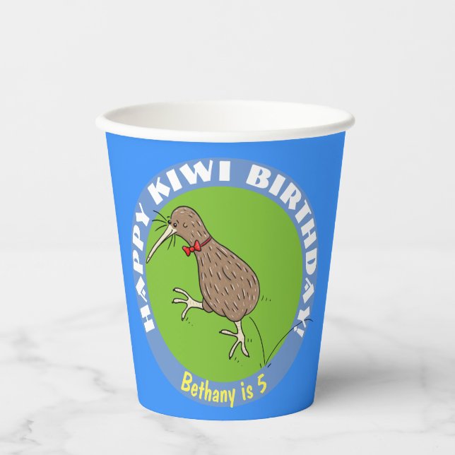 Happy Kiwi Cartoon Vogel mit Bogen Krawatte Pappbecher (Vorderseite)