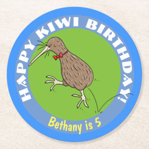 Happy Kiwi Cartoon Vogel mit Bogen Krawatte Runder Pappuntersetzer