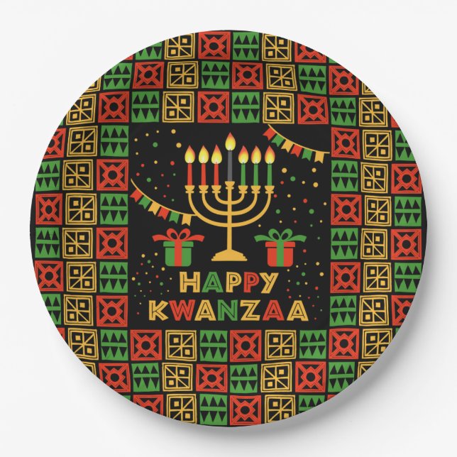 Happy Kwanzaa Candles Red Black Green Yellow 9" Pappteller (Vorderseite)