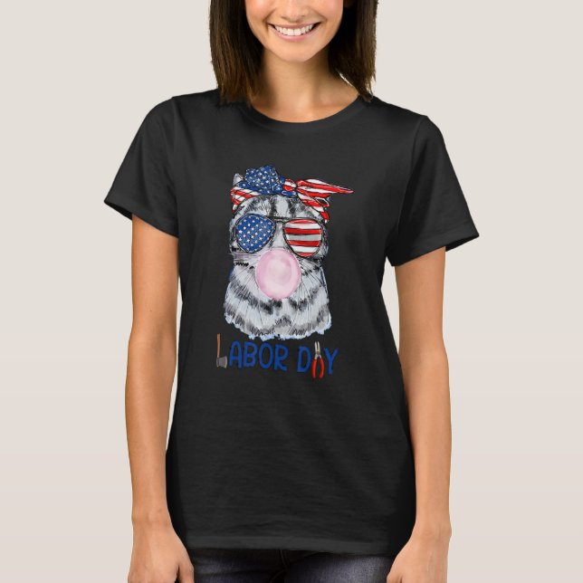 Happy Labour Day Cat Bubble Gum America Flag T-Shirt (Vorderseite)