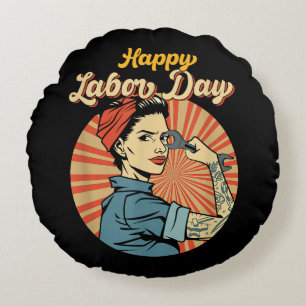 Happy Labour Day Girl Strong Worker Movement Rundes Kissen
