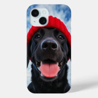 Happy Labrador in einer Roten Beanie Unter blauem 