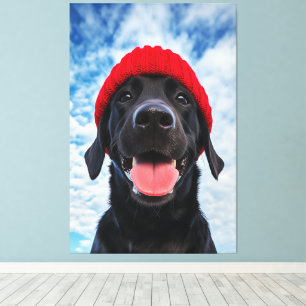 Happy Labrador in einer Roten Beanie Unter blauem  Leinwanddruck