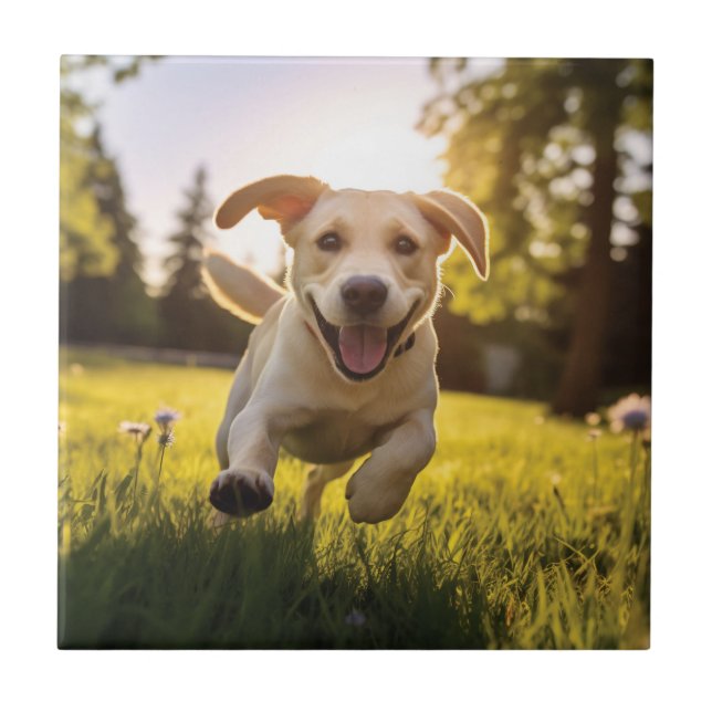 Happy Labrador Puppy Running Fliese (Vorderseite)