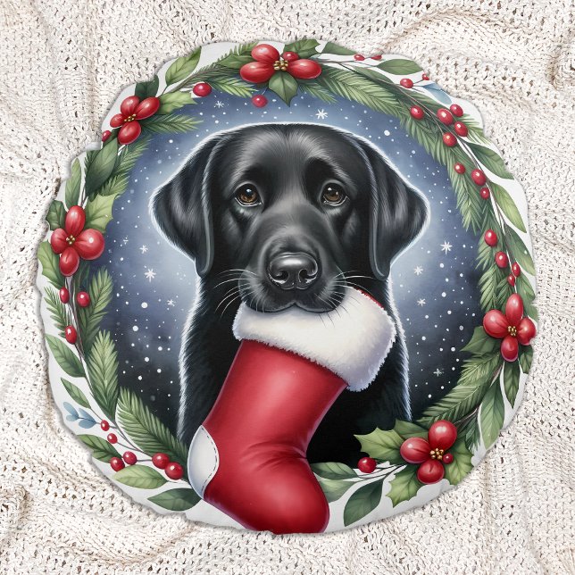 Happy Labrador Retriever Christmas Wreath Dog Rundes Kissen (Von Creator hochgeladen)