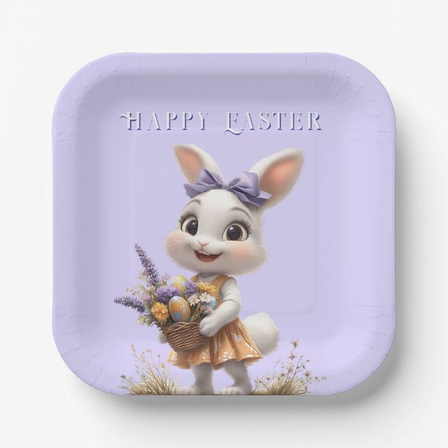 Happy Lächeln Oster Bunny Eggs Lavender Bow Pappteller (Vorderseite)