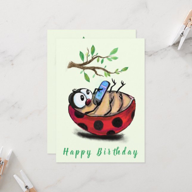 Happy Ladybug mit Phone Funny Birthday Card (Vorderseite/Rückseite Beispiel)