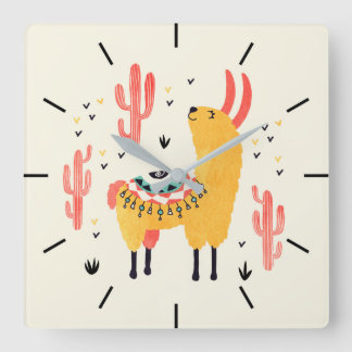 Happy Lama mit Kakteen Quadratische Wanduhr