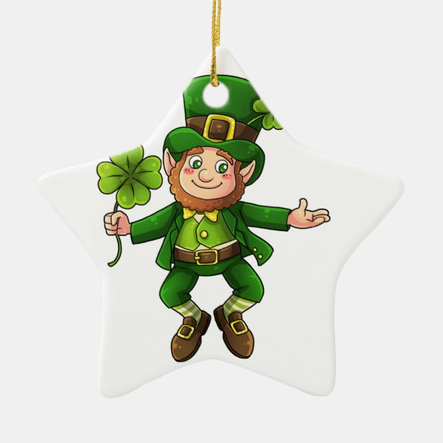 Happy Leprechaun und Kleeblatt Keramik Ornament (Vorne)