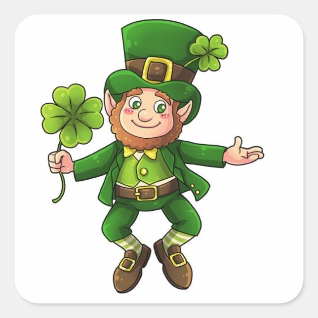 Happy Leprechaun und Kleeblatt Quadratischer Aufkleber (Vorderseite)