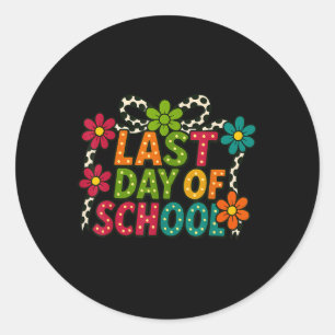 Happy letzten Tag der Schule Bow Retro Blume Groov Runder Aufkleber