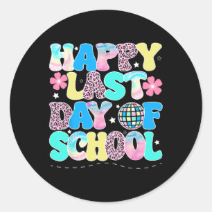 Happy letzten Tag der Schule Kinder Lehrerin Grad Runder Aufkleber