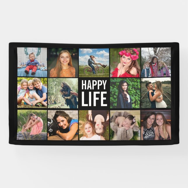 Happy Life Foto Collage Black Custom Banner (Horizontal)