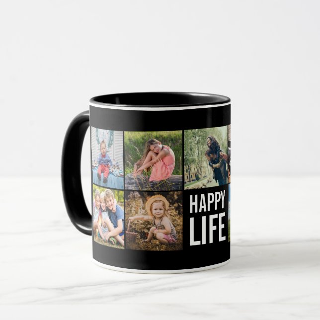 Happy Life Foto Collage Black Custom Coffee Tasse (Vorderseite Links)