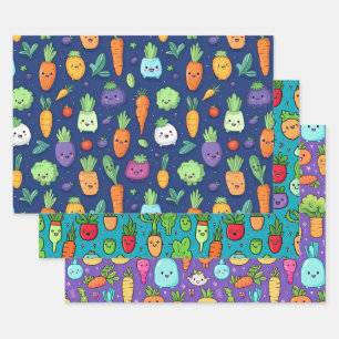 Happy Lil' Veggie Characters Wrapping Paper Geschenkpapier Set