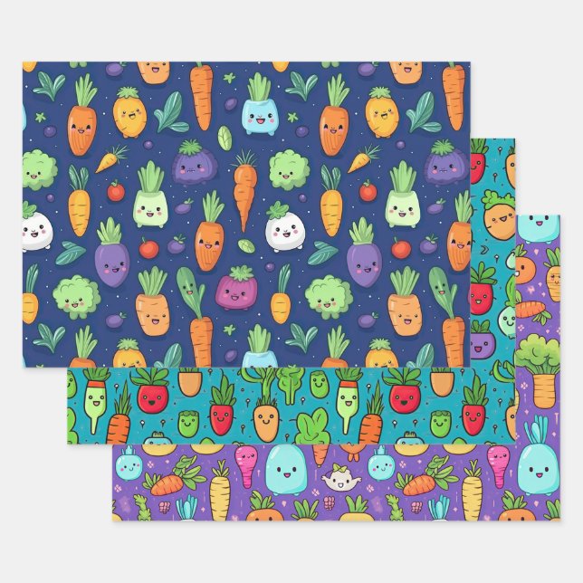 Happy Lil' Veggie Characters Wrapping Paper Geschenkpapier Set (Set)