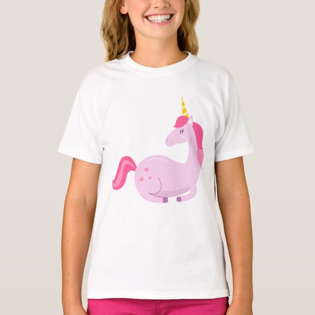 Happy Lila Pastel Unicorn, rosa Herzen und Haare T-Shirt (Vorderseite)