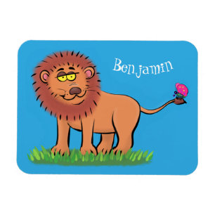 Happy lion with butterfly cartoon illustration magnet
