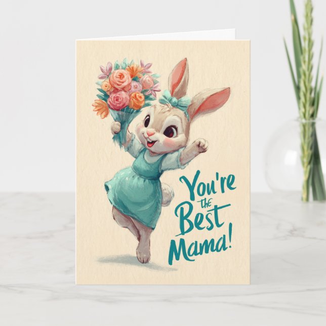 Happy Little Bunny With Flowers for Mother's Day Karte (Vorderseite)